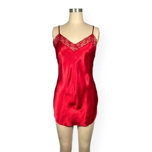 Vintage‎ Victoria Secret Slip Dress Women Small Red Satin Lace Gold Label